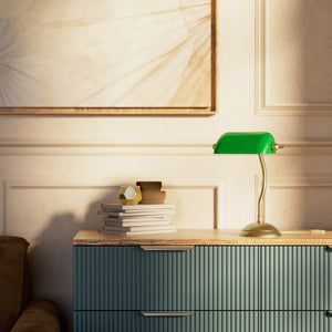 Mini banker's lamp with green glass shade and curved stem, domed brass base, compact design by Ghidini 1849 - Finish: OBS Bronze Satin Brass