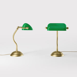 Mini banker's lamp with green glass shade and curved stem, domed brass base, compact design by Ghidini 1849 - Finish: OBV Bronze Satin Light Brass