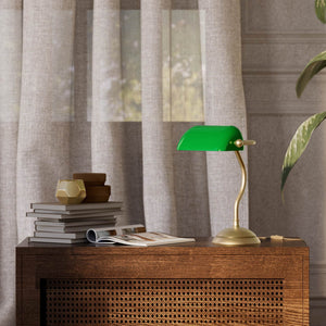 Mini banker's lamp with green glass shade and curved stem, domed brass base, compact design by Ghidini 1849 - Finish: OBV Bronze Satin Light Brass