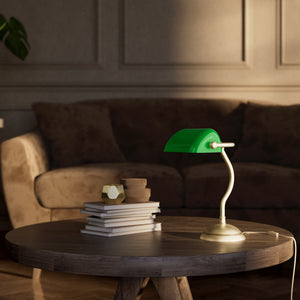 Mini banker's lamp with green glass shade and curved stem, domed brass base, compact design by Ghidini 1849 - Finish: OBV Bronze Satin Light Brass
