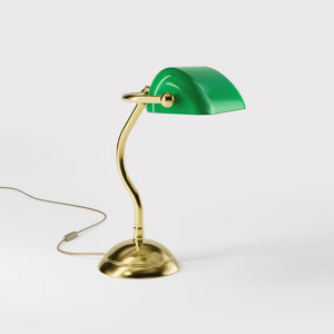 Mini banker's lamp with green glass shade and curved stem, domed brass base, compact design by Ghidini 1849 - Finish: OLV Polished Brass