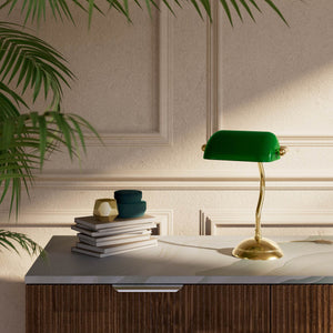 Mini banker's lamp with green glass shade and curved stem, domed brass base, compact design by Ghidini 1849 - Finish: OLV Polished Brass