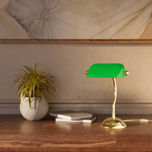 Mini banker's lamp with green glass shade and curved stem, domed brass base, compact design by Ghidini 1849 - Finish: OLV Polished Brass