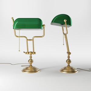 Adjustable brass Banker’s Lamp with green glass shade, classic design for office or study by Ghidini 1849 - Finish: OBS Bronze Satin Brass