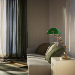 Adjustable brass Banker’s Lamp with green glass shade, classic design for office or study by Ghidini 1849 - Finish: OBS Bronze Satin Brass