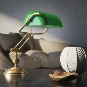 Adjustable brass Banker’s Lamp with green glass shade, classic design for office or study by Ghidini 1849 - Finish: OBS Bronze Satin Brass