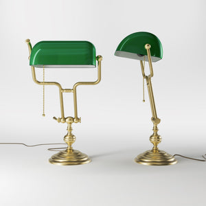 Adjustable brass Banker’s Lamp with green glass shade, classic design for office or study by Ghidini 1849 - Finish: OBV Bronze Satin Light Brass
