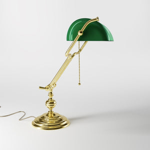 Adjustable brass Banker’s Lamp with green glass shade, classic design for office or study by Ghidini 1849 - Finish: OLV Polished Brass