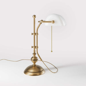 Classic banker's desk lamp with glass shade, height-adjustable arm and chain pull switch, brass structure by Ghidini 1849 - Finish: OBS Bronze Satin Brass