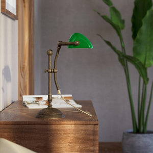Compact banker's desk lamp with green shade, height-adjustable arm and brass structure by Ghidini 1849 | Finish: OAS Antique Brass