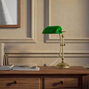 Compact banker's desk lamp with green shade, height-adjustable arm and brass structure by Ghidini 1849 | Finish: OBV Bronze Satin Light Brass