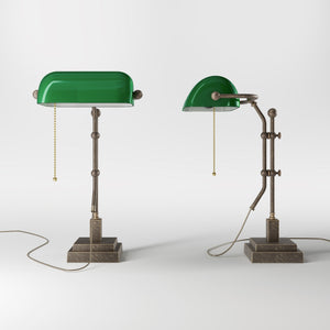 Churchill Adjustable Brass Lamp, Green Shade, For Study And Office by Ghidini 1849 - Finish: OAS Antique Brass