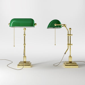 Churchill Adjustable Brass Lamp, Green Shade, For Study And Office by Ghidini 1849 - Finish: OLV Polished Brass