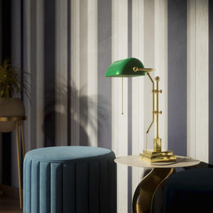 Churchill Adjustable Brass Lamp, Green Shade, For Study And Office by Ghidini 1849 - Finish: OLV Polished Brass