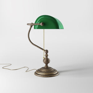 Banker’s lamp in brass with fixed green shade, classic style, perfect for offices and libraries by Ghidini 1849 - OAS Antique Brass