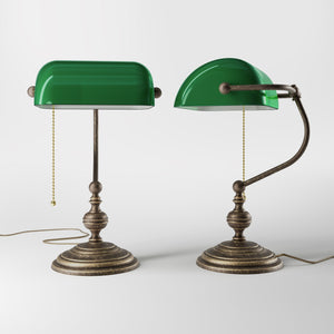 Banker’s lamp in brass with fixed green shade, classic style, perfect for offices and libraries by Ghidini 1849 - OAS Antique Brass