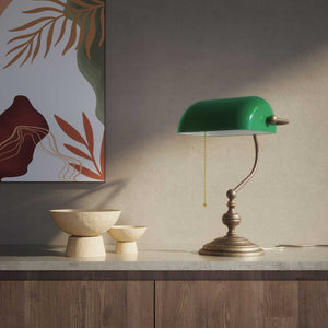 Banker’s lamp in brass with fixed green shade, classic style, perfect for offices and libraries by Ghidini 1849 - OAS Antique Brass