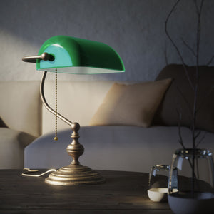 Banker’s lamp in brass with fixed green shade, classic style, perfect for offices and libraries by Ghidini 1849 - OAS Antique Brass