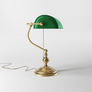 Banker’s lamp in brass with fixed green shade, classic style, perfect for offices and libraries by Ghidini 1849 - OBS Bronze Satin Brass