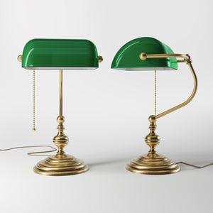 Banker’s lamp in brass with fixed green shade, classic style, perfect for offices and libraries by Ghidini 1849 - OBS Bronze Satin Brass