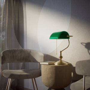 Banker’s lamp in brass with fixed green shade, classic style, perfect for offices and libraries by Ghidini 1849 - OBS Bronze Satin Brass