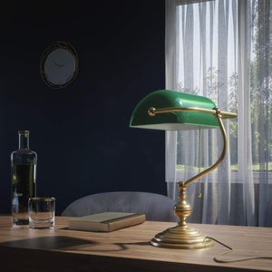 Banker’s lamp in brass with fixed green shade, classic style, perfect for offices and libraries by Ghidini 1849 - OBS Bronze Satin Brass