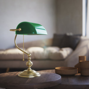 Banker’s lamp in brass with fixed green shade, classic style, perfect for offices and libraries by Ghidini 1849 - OBV Bronze Satin Light Brass