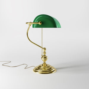 Banker’s lamp in brass with fixed green shade, classic style, perfect for offices and libraries by Ghidini 1849 - OLV Polished Brass