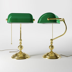 Banker’s lamp in brass with fixed green shade, classic style, perfect for offices and libraries by Ghidini 1849 - OLV Polished Brass