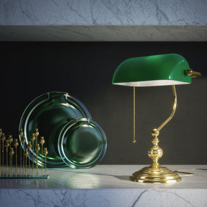 Banker’s lamp in brass with fixed green shade, classic style, perfect for offices and libraries by Ghidini 1849 - OLV Polished Brass