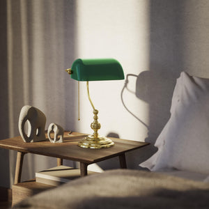 Banker’s lamp in brass with fixed green shade, classic style, perfect for offices and libraries by Ghidini 1849 - OLV Polished Brass