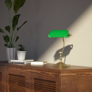 Small banker's desk lamp with green glass shade and brass structure for compact spaces by Ghidini 1849 - Finish: OBS Bronze Satin Brass