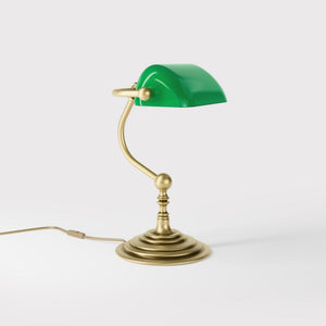 Small banker's desk lamp with green glass shade and brass structure for compact spaces by Ghidini 1849 - Finish: OBV Bronze Satin Light Brass