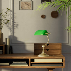 Small banker's desk lamp with green glass shade and brass structure for compact spaces by Ghidini 1849 - Finish: OBV Bronze Satin Light Brass