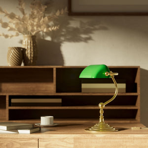 Small banker's desk lamp with green glass shade and brass structure for compact spaces by Ghidini 1849 - Finish: OLV Polished Brass