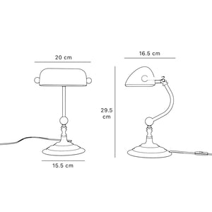 Small banker's desk lamp with green glass shade and brass structure for compact spaces by Ghidini 1849