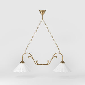 Art Nouveau pendant lamp with two pierced white ceramic shades, decorative brass arms and adjustable suspension chain by Ghidini 1849 - Finish: OBS Bronze Satin Brass