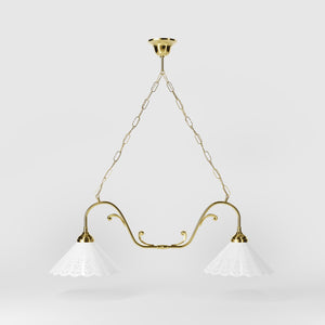 Art Nouveau pendant lamp with two pierced white ceramic shades, decorative brass arms and adjustable suspension chain by Ghidini 1849 - Finish: OLV Polished Brass