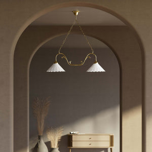 Art Nouveau pendant lamp with two pierced white ceramic shades, decorative brass arms and adjustable suspension chain by Ghidini 1849 - Finish: OLV Polished Brass