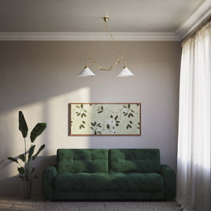 Art Nouveau pendant lamp with two pierced white ceramic shades, decorative brass arms and adjustable suspension chain by Ghidini 1849 - Finish: OLV Polished Brass