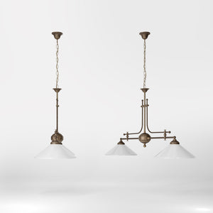 Billiard chandelier in brass with white glass shades, ideal for billiard tables and elegant spaces by Ghidini 1849 - Finish: OAS Antique Brass