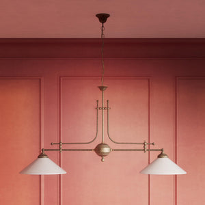 Billiard chandelier in brass with white glass shades, ideal for billiard tables and elegant spaces by Ghidini 1849 - Finish: OAS Antique Brass