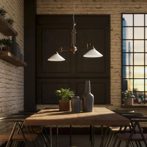 Billiard chandelier in brass with white glass shades, ideal for billiard tables and elegant spaces by Ghidini 1849 - Finish: OAS Antique Brass