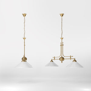 Billiard chandelier in brass with white glass shades, ideal for billiard tables and elegant spaces by Ghidini 1849 - Finish: OBS Bronze Satin Brass