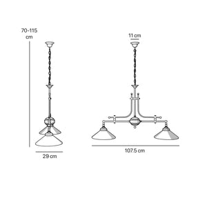 Billiard chandelier in brass with white glass shades, ideal for billiard tables and elegant spaces by Ghidini 1849