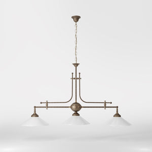 Brass chandelier with three lights, glossy white glass shades, billiard-inspired classic design, for elegant interiors by Ghidini 1849 - Finish: OAS Antique Brass