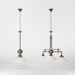 Brass chandelier with three lights, glossy white glass shades, billiard-inspired classic design, for elegant interiors by Ghidini 1849 - Finish: OAS Antique Brass