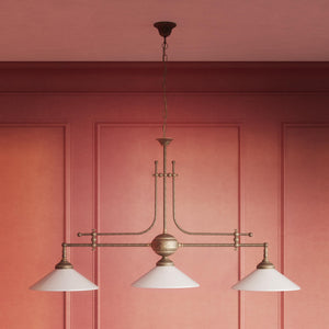 Brass chandelier with three lights, glossy white glass shades, billiard-inspired classic design, for elegant interiors by Ghidini 1849 - Finish: OAS Antique Brass