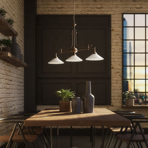 Brass chandelier with three lights, glossy white glass shades, billiard-inspired classic design, for elegant interiors by Ghidini 1849 - Finish: OAS Antique Brass