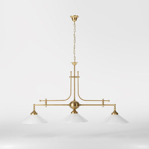 Brass chandelier with three lights, glossy white glass shades, billiard-inspired classic design, for elegant interiors by Ghidini 1849 - Finish: OBS Bronze Satin Brass
